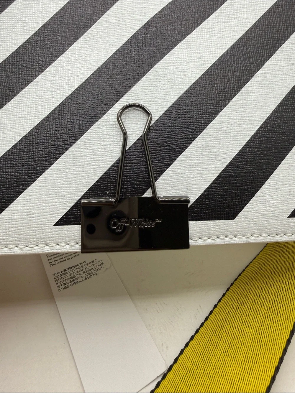 Off-White Inspired White & Black Diagonal Stripe Crossbody Bag with Yellow Strap